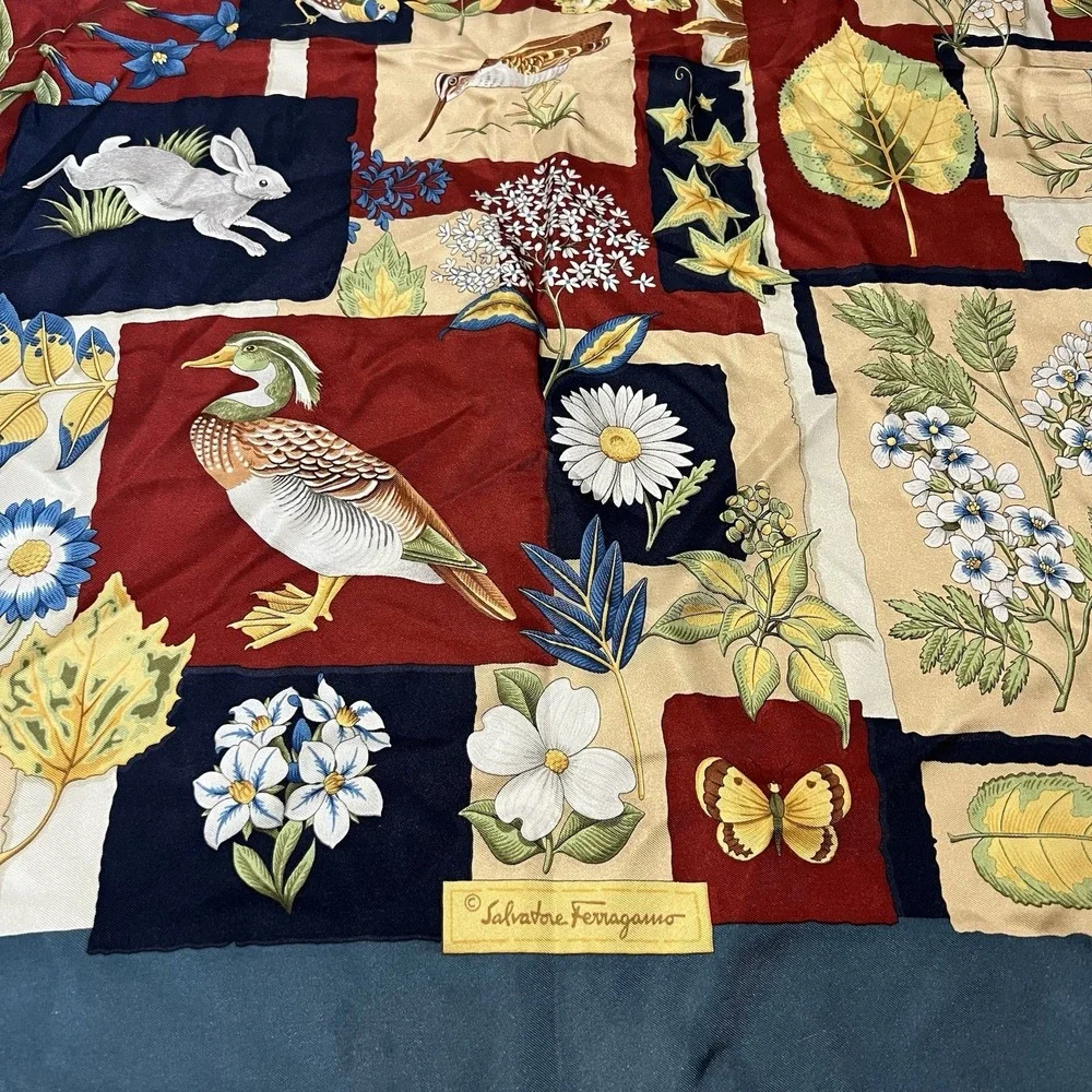 Vintage Salvatore Ferragamo Silk Italy Duck Fox Nature Birds Squirrel